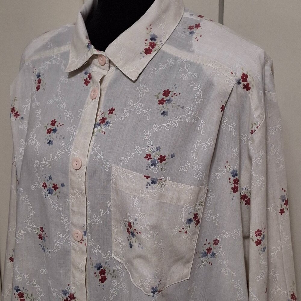 VTG 90s Floral Button Chore Shirt-Semi Sheer, Granny, Garden, Cottagecore-L/XL